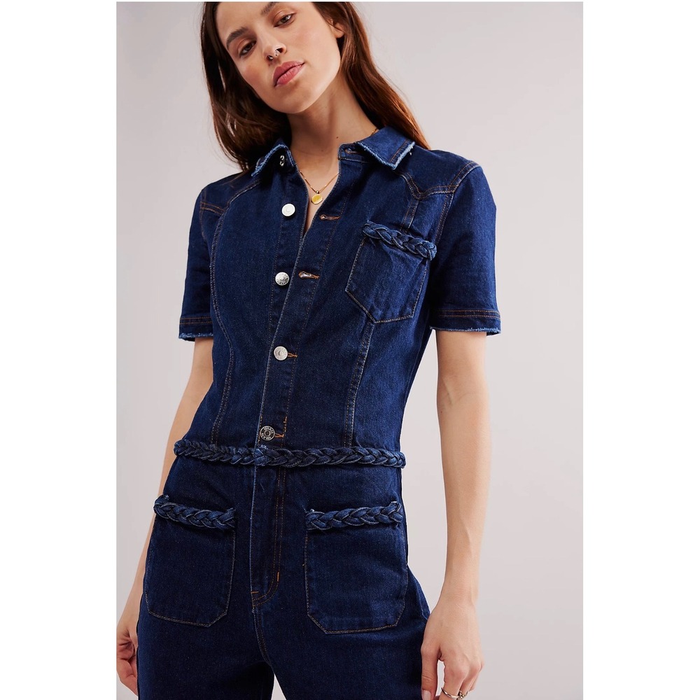 Free People x SER.O.YA Alice Jumpsuit Deep Sea Denim Braided Flare Leg Jumpsuit - Picture 2 of 16